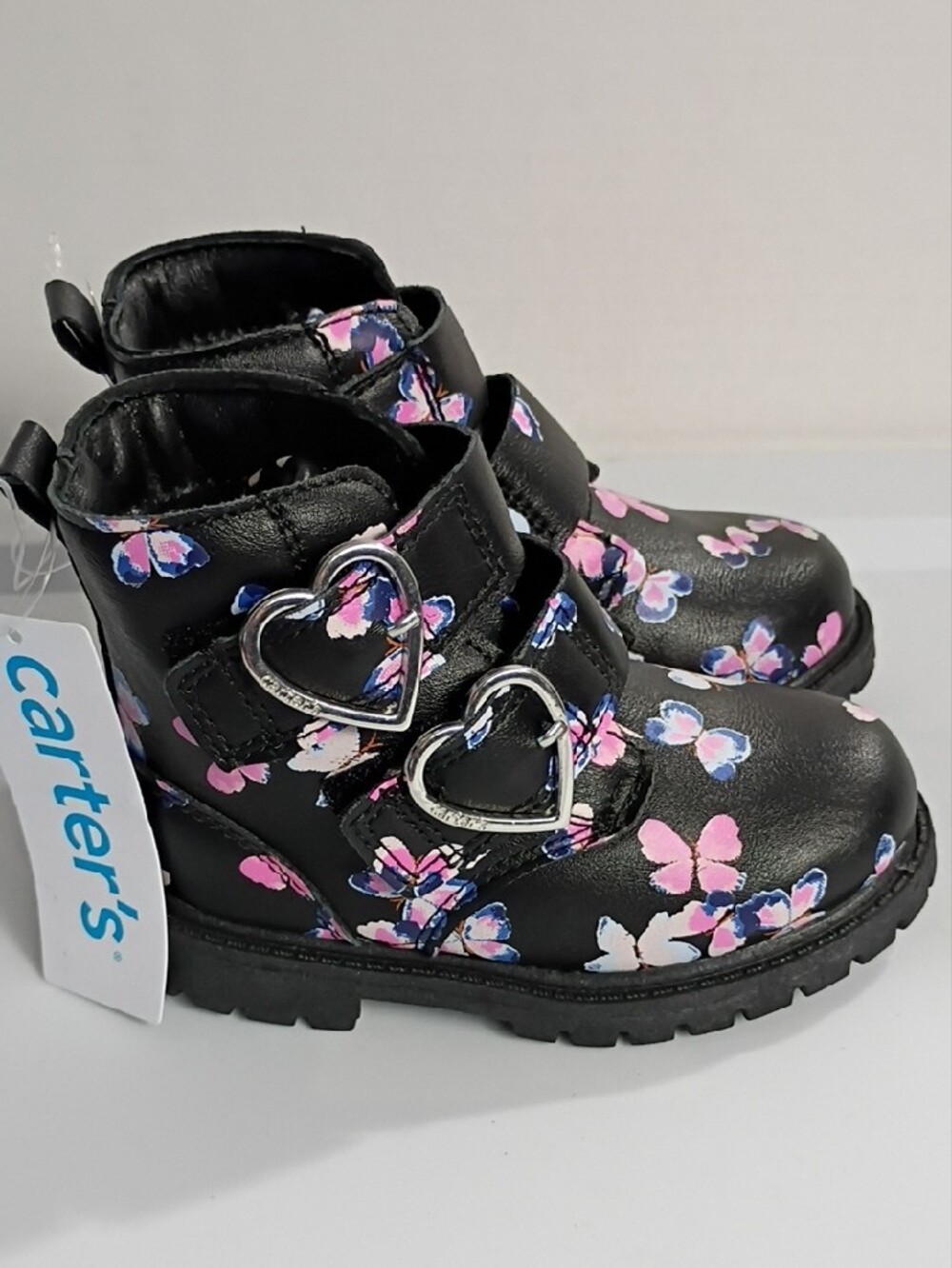 CARTER'S Black Ankle Boots with Heart-Buckles and Pink & Blue Butterflies SIZE 7 - Picture 2 of 8